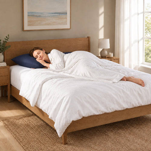 femme dort tête sur taie D OREILLER en soie murier 50x70 bleu ciel