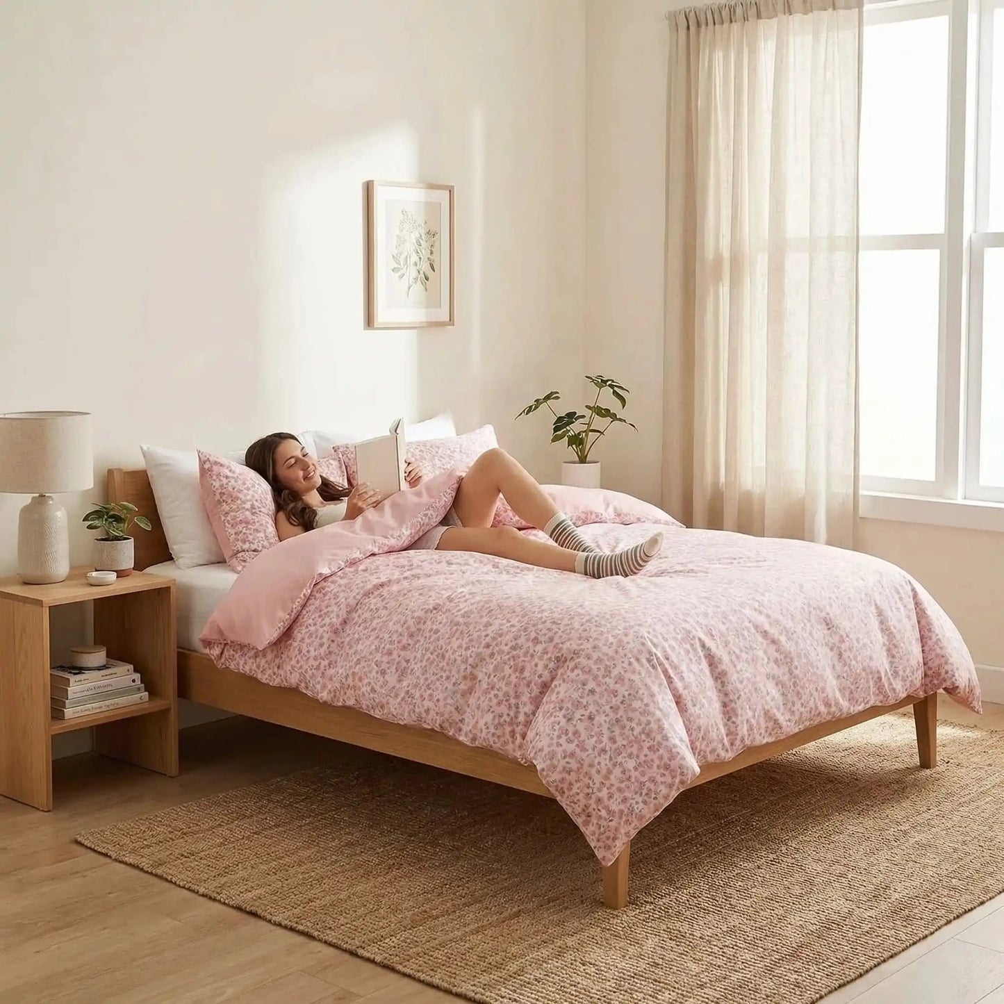 femme douceur d'intérieur housse de couette rose florale coton