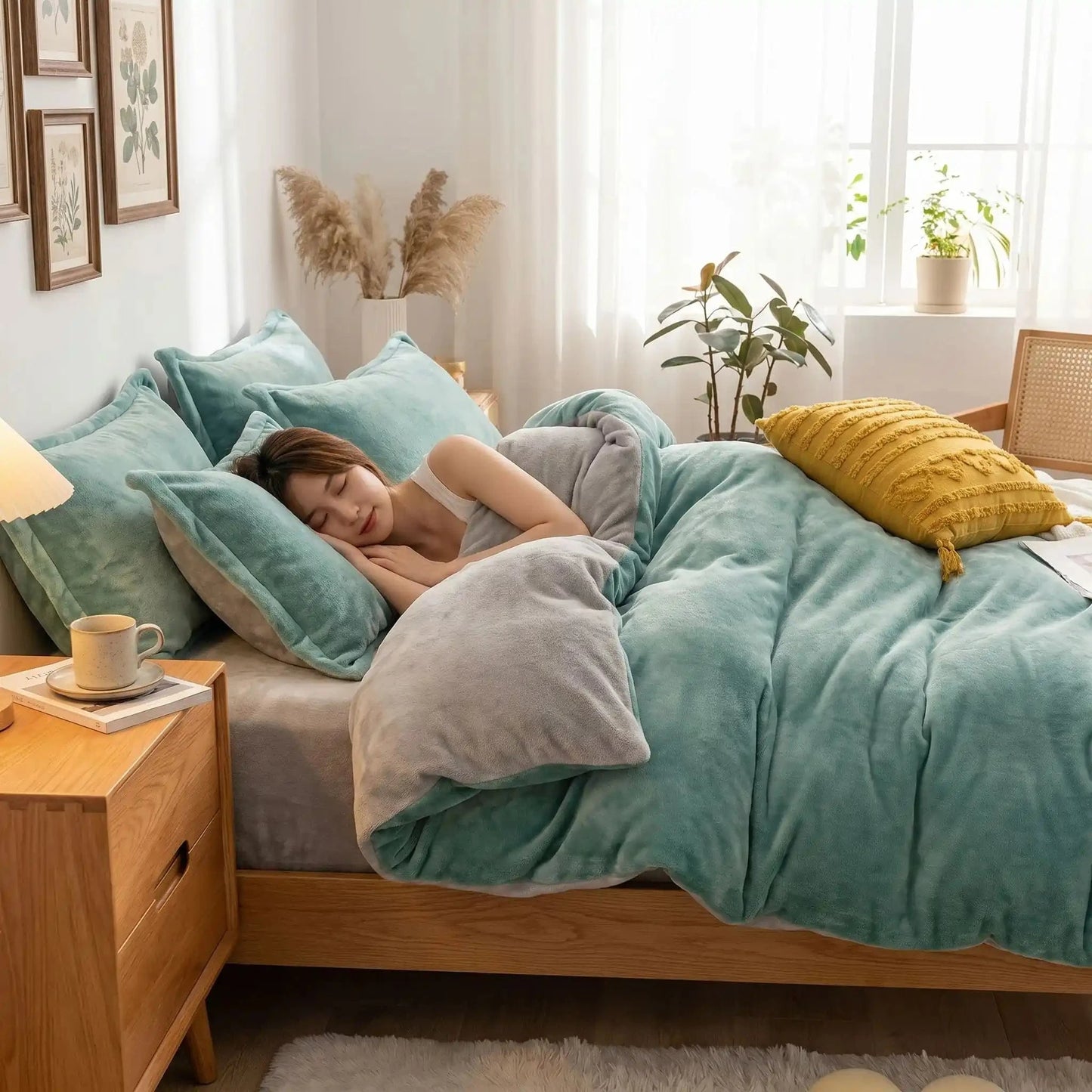 femme endormie housse de couette flanelle verte ultra-duce