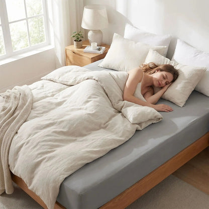 femme endormie protège matelas gris 140x190 imperméable silencieux