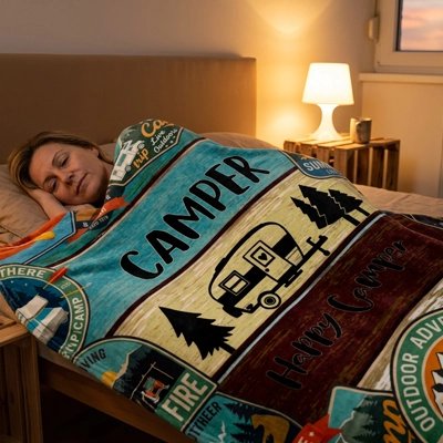  femme endormie sous couverture turquoise et bordeaux