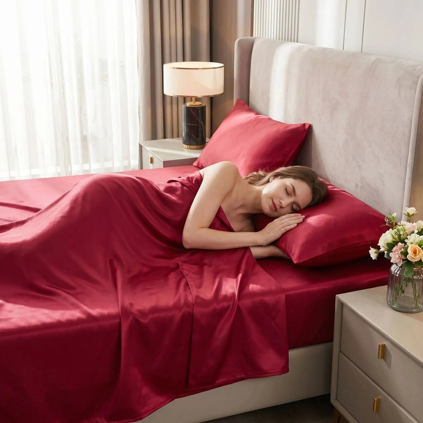 femme endormie sous son drap plat rouge foncé satin rayonne