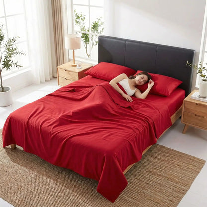 femme endormie sur drap housse 140x190 cm rouge antibactérien