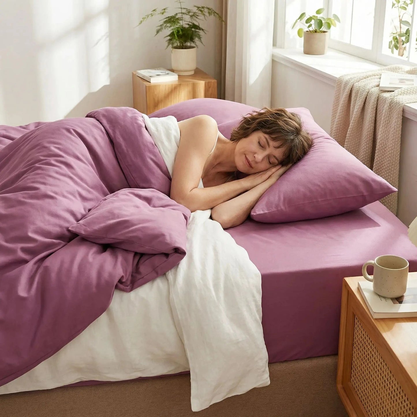 femme endormie sur drap housse 140x200 cm violet coton doux ajusté