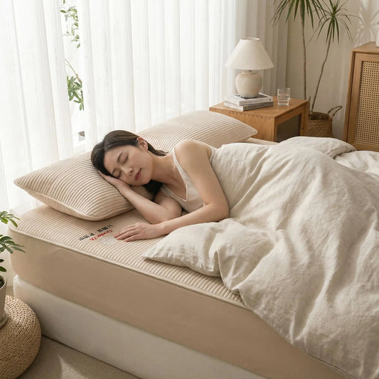 femme endormie sur drap housse 90x190 cm beige coton naturel