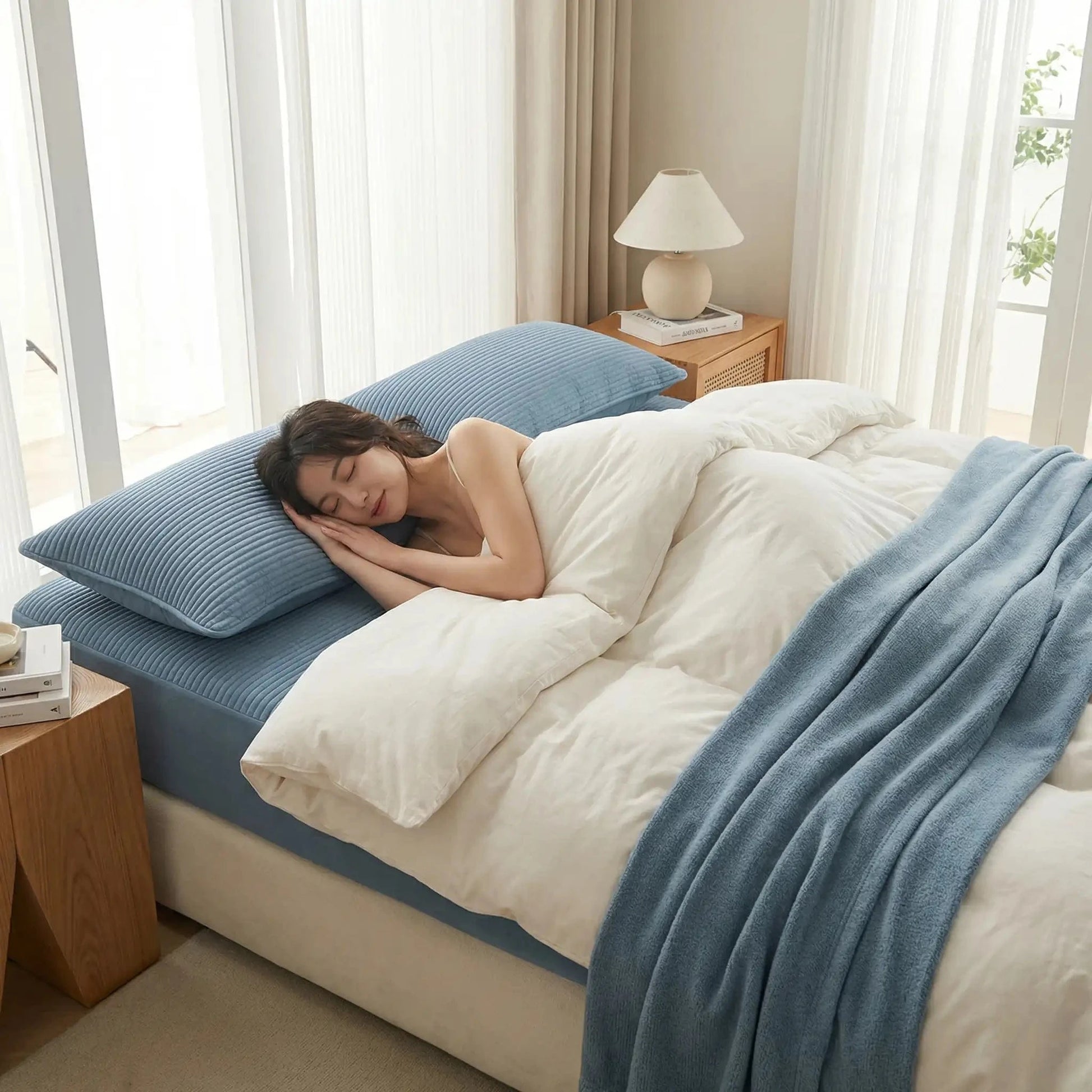 femme endormie sur drap housse 90x190 cm bleu coton naturel