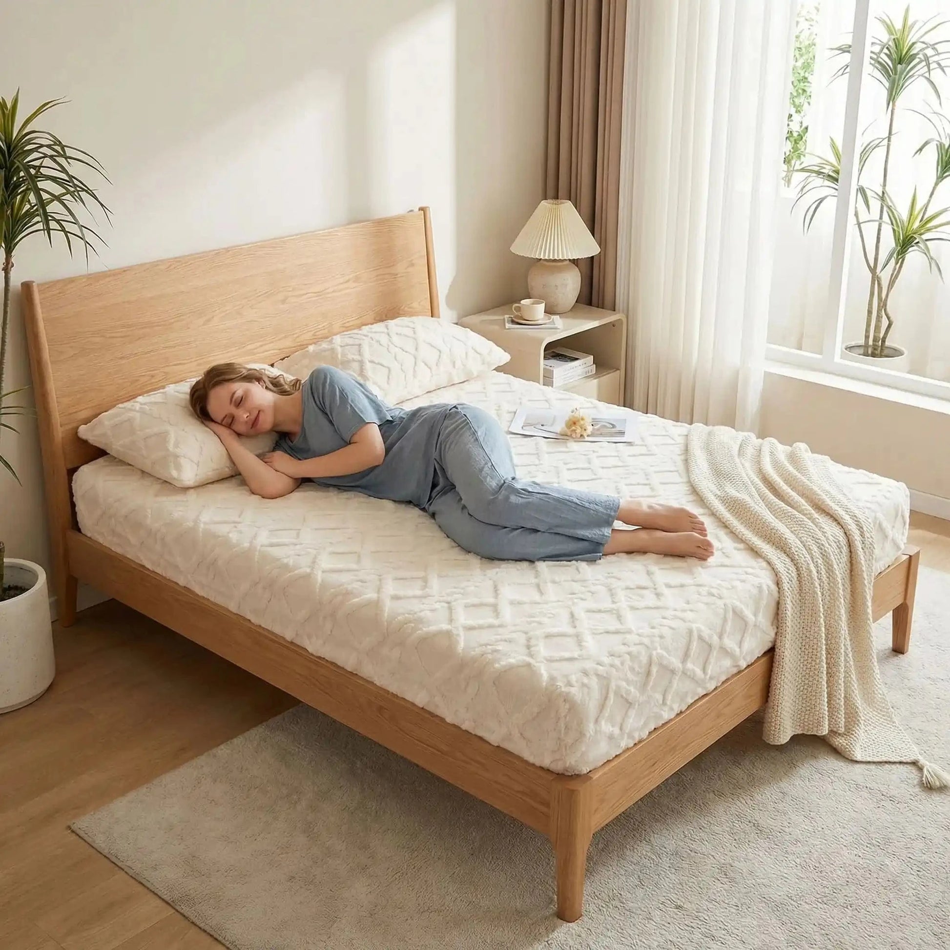 femme endormie sur drap housse blanc ultradoux