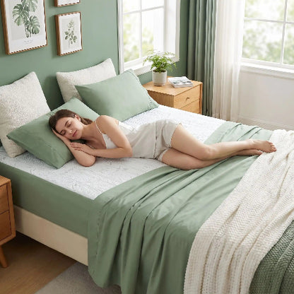 femme endormie sur drap housse frais vert sur côté droit