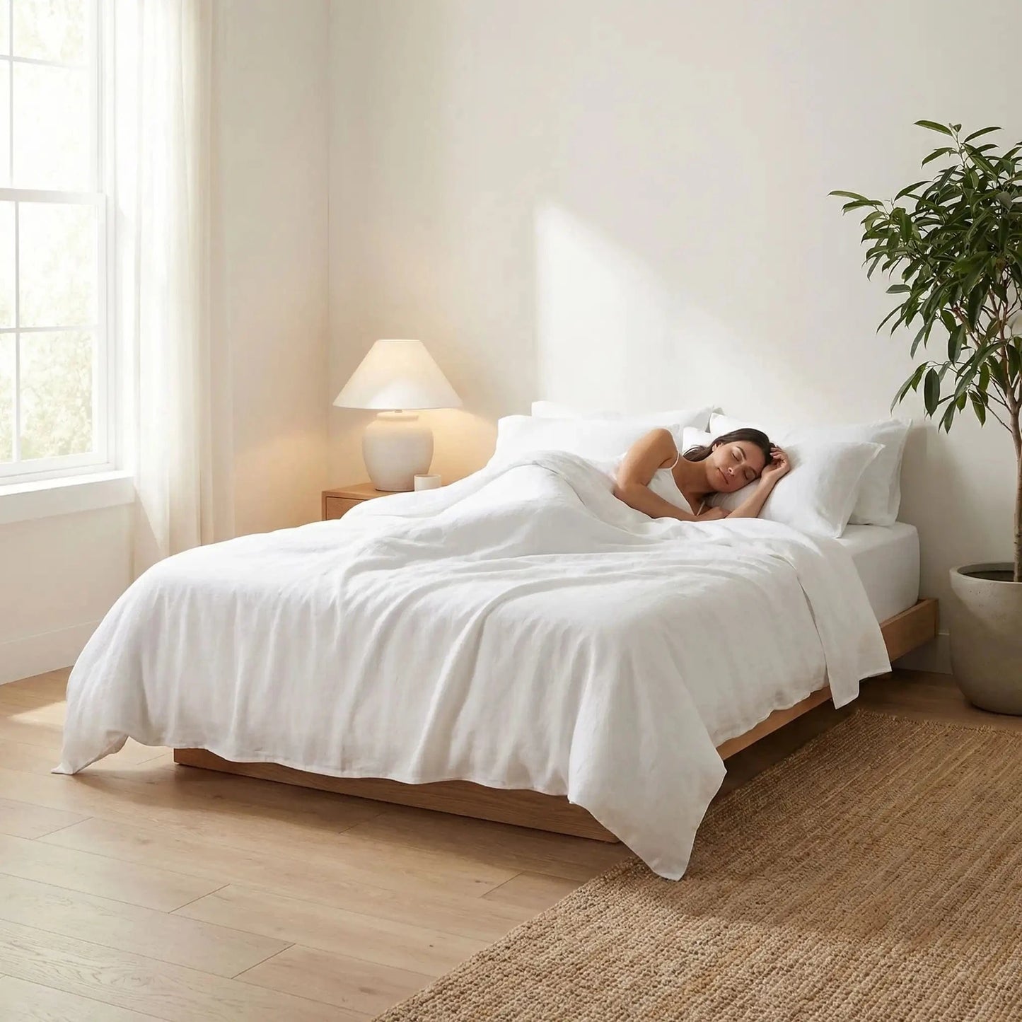 femme endormie sur drap plat 2 personnes blanc lin européen