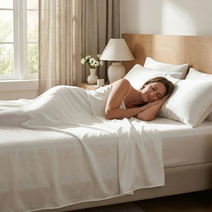femme endormie sur drap plat blanc satin premium