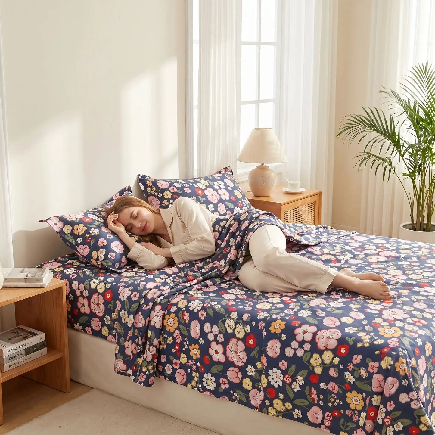 femme endormie sur drap plat bleu floral éclatant