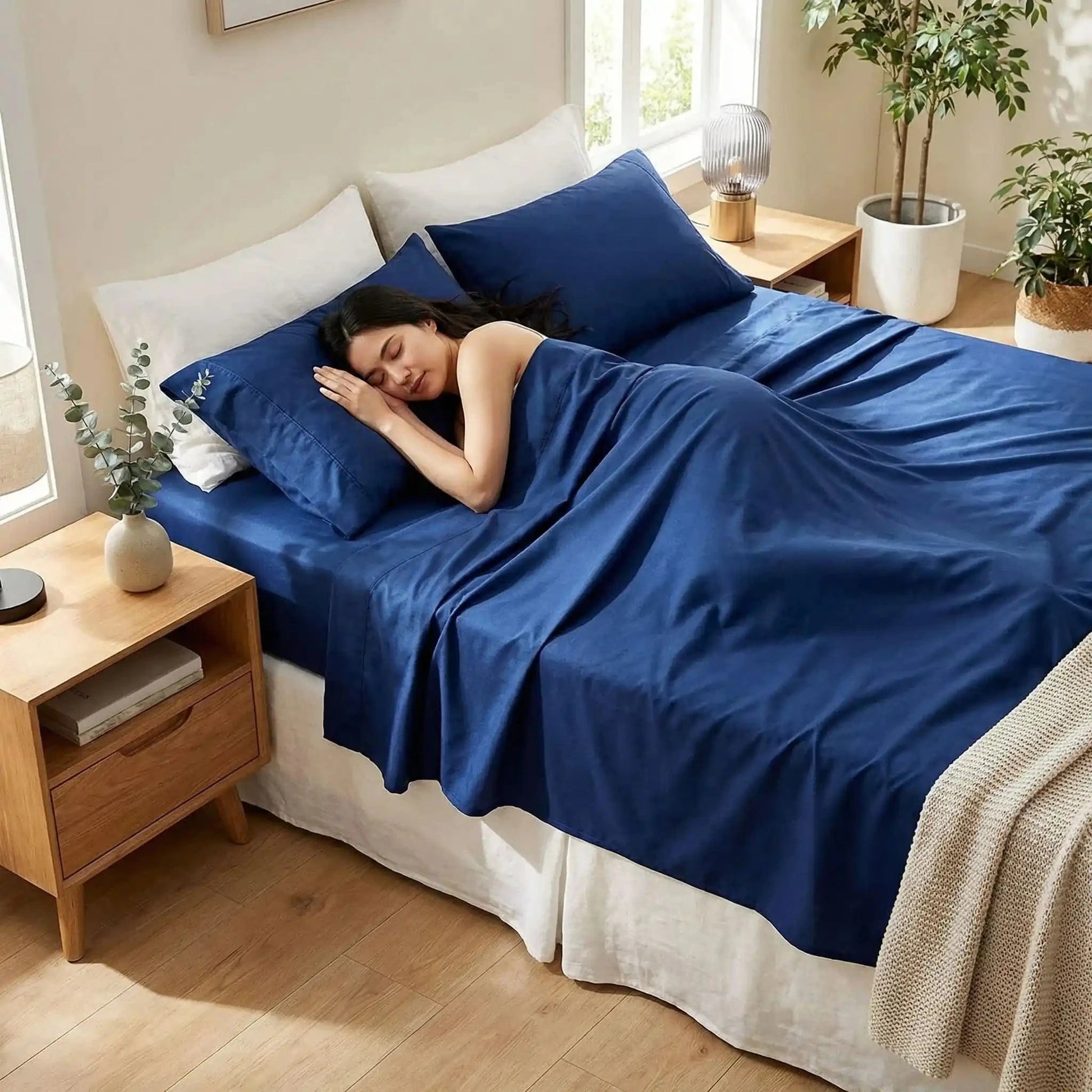 femme endormie sur drap plat bleu foncé coton douceur