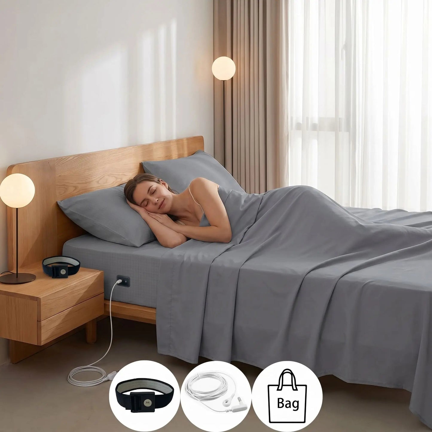 femme endormie sur draps plats gris fibres d'argent bio