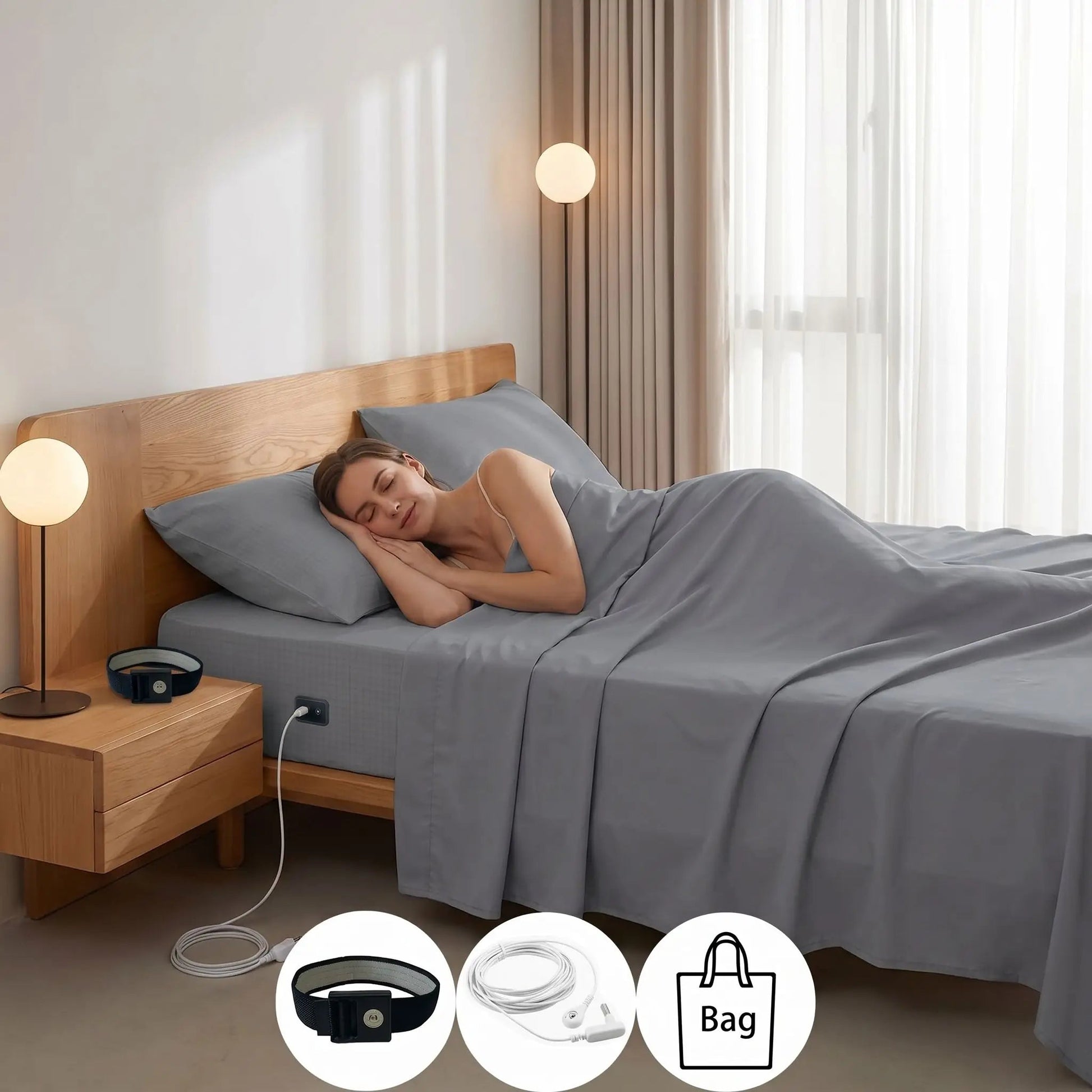 femme endormie sur draps plats gris fibres d'argent bio