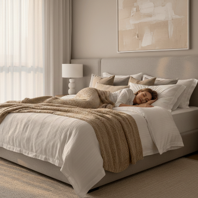 femme endormie sur du beau linge de lit