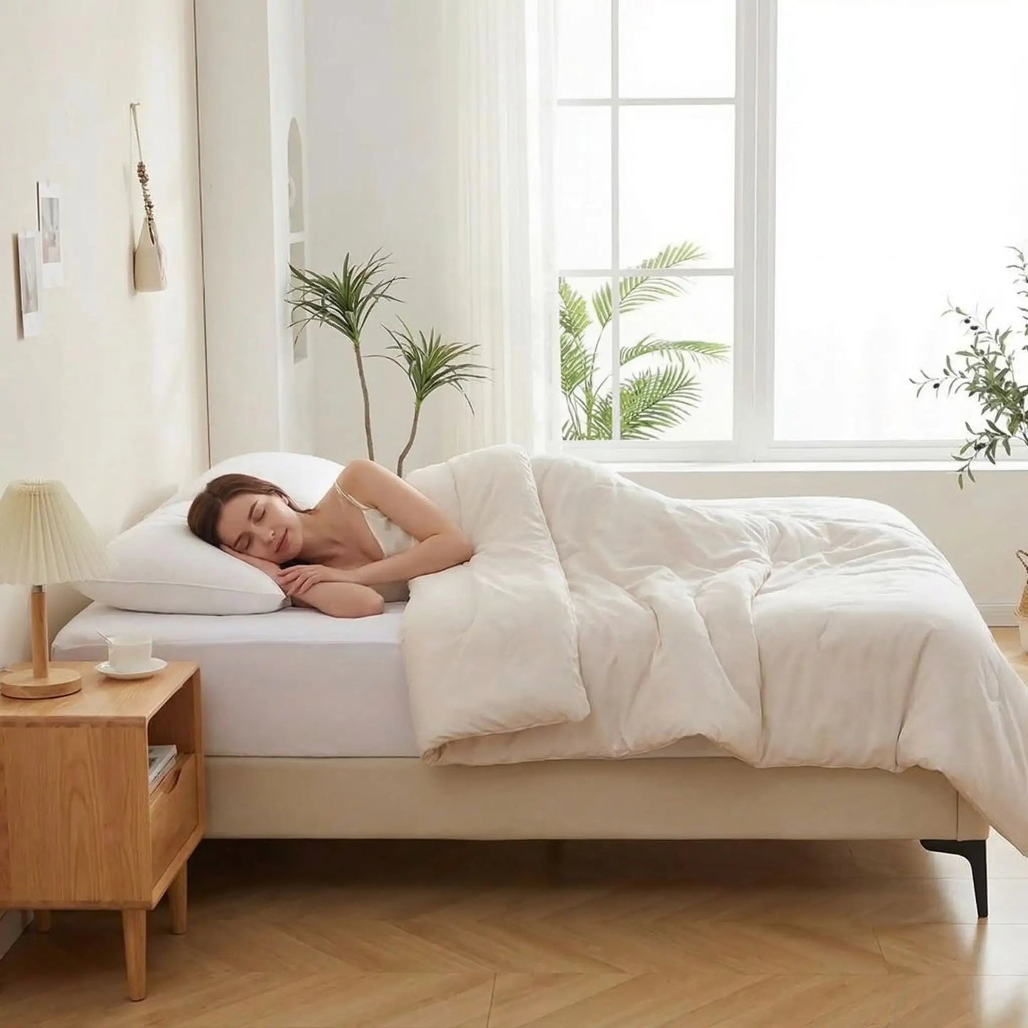 femme endormie sur protege matelas blanc imperméable