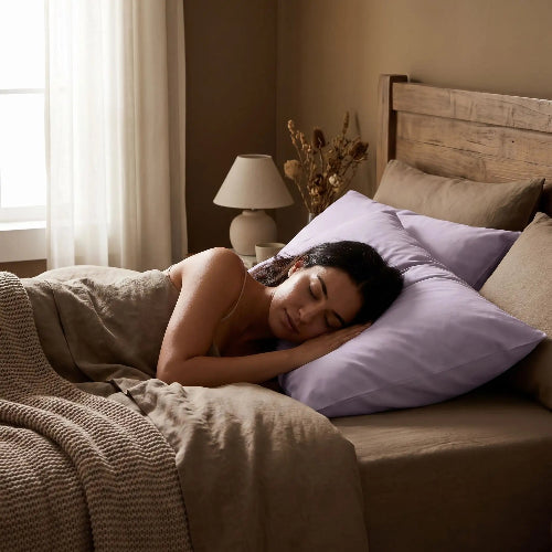 femme endormie sur taie d'oreiller 50x70 percale de coton violet