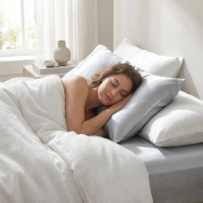 femme endormie sur taie d oreiller en soie blanc argenté