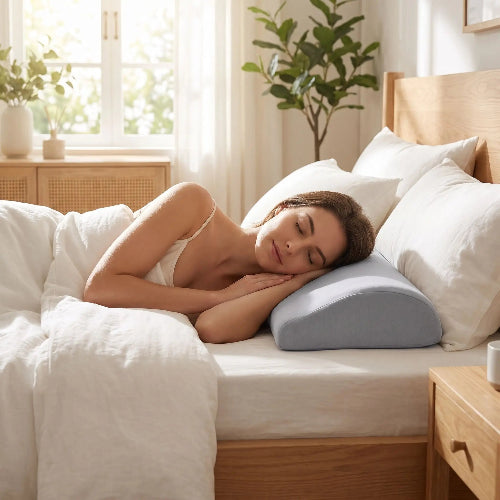 femme endormie sur traversin à mémoire de forme gris dans chambre