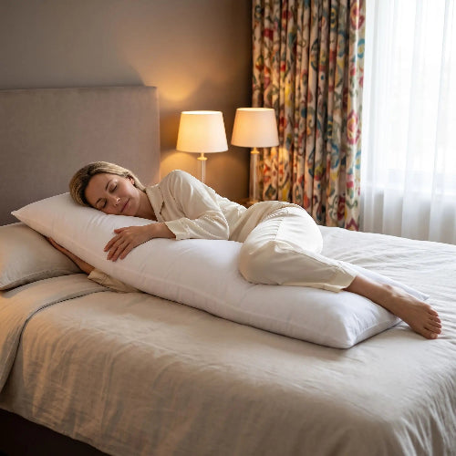 femme endormie sur traversin en 180 cm blanc rempli fibre blanche