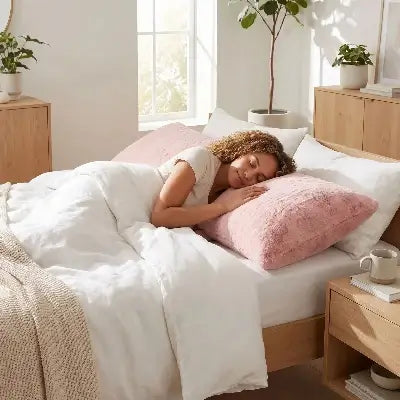femme endormie tête sur traversin rose