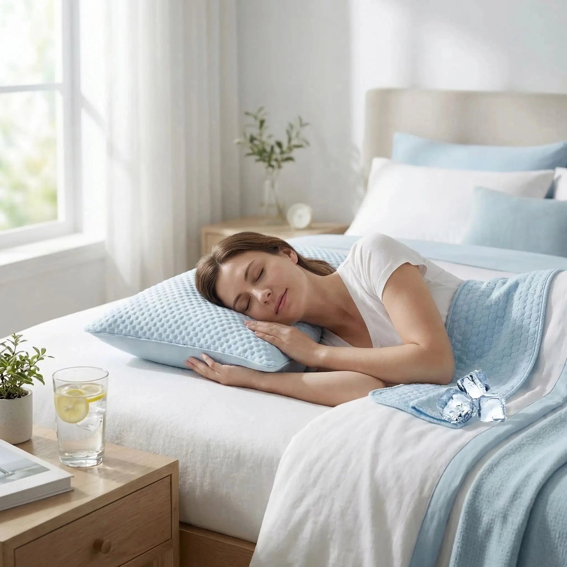 femme endormie taie  d'oreiller texturée nid d'abeille bleu ciel