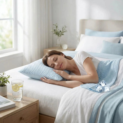 femme endormie taie  d'oreiller texturée nid d'abeille bleu ciel