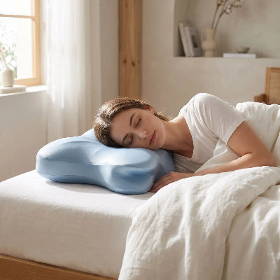 femme endormie tête sur oreiller mémoire de forme bleu