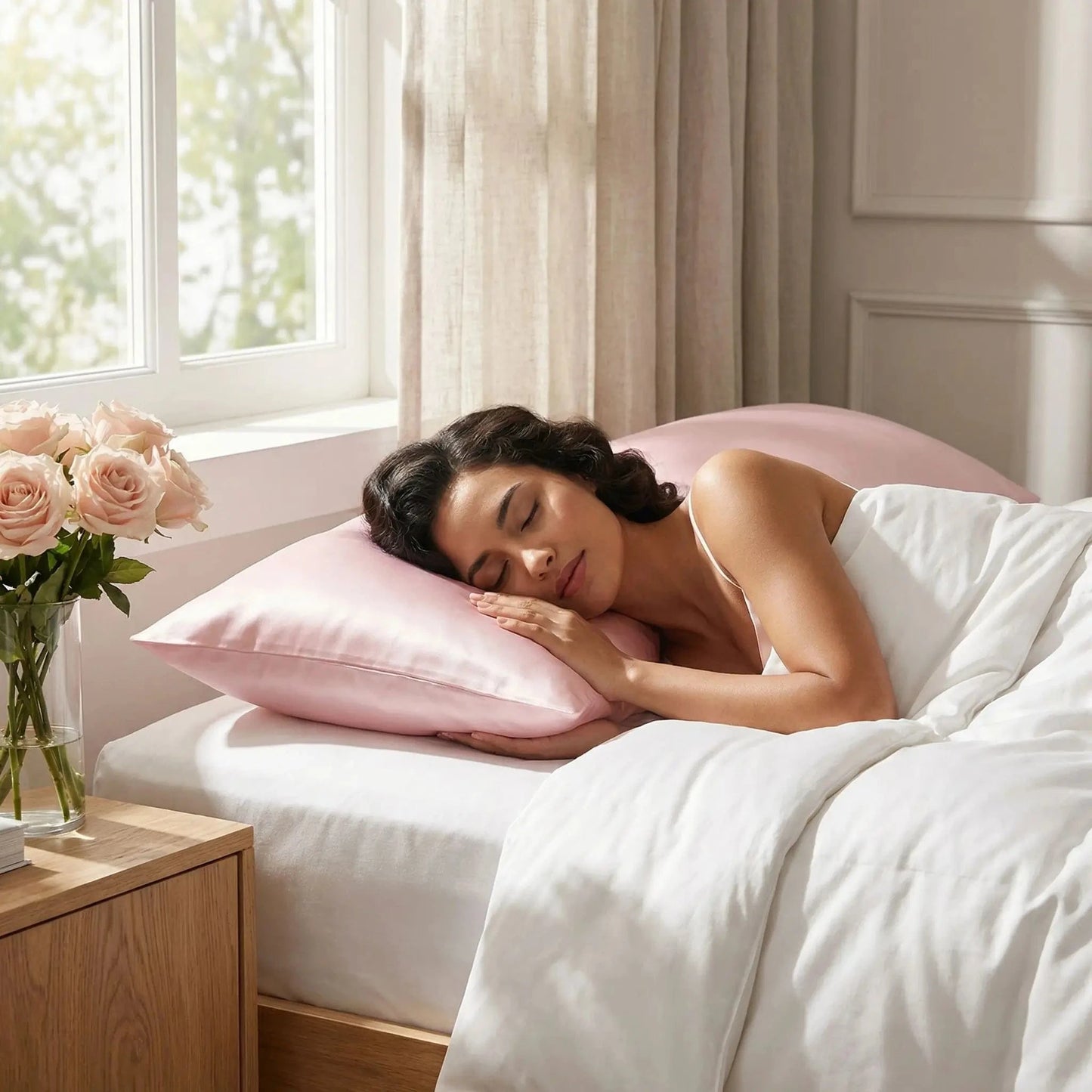 femme endormie tête sur taie d oreiller en soie rose rêve de soie