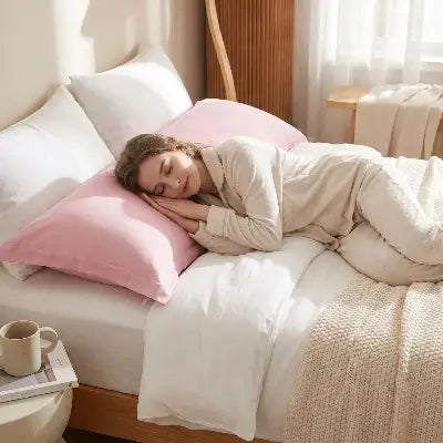 femme endormie tête sur traversin rose 