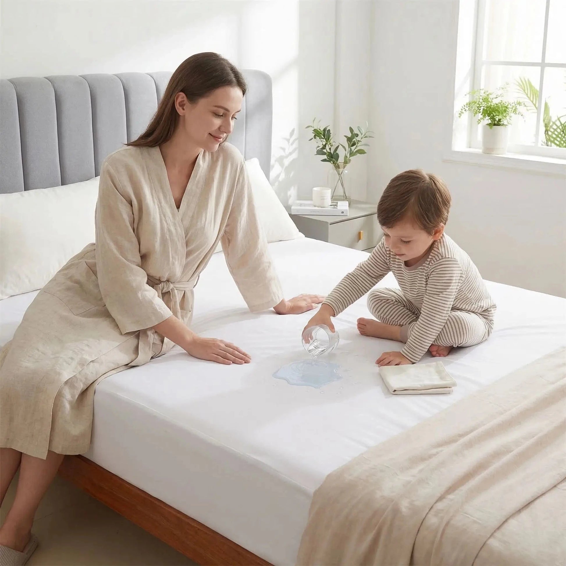 femme enfant verse l'eau protege matelas-gris-imperméable 