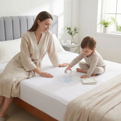 femme enfant verse l'eau protege matelas-gris-imperméable 