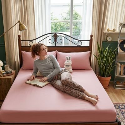 femme étudie sur draps housse rose rose poudré 