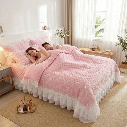 femme homme sur drap plat 2 personnes rose matelassé