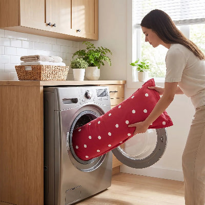 femme lave traversin en 140 rouge en machine