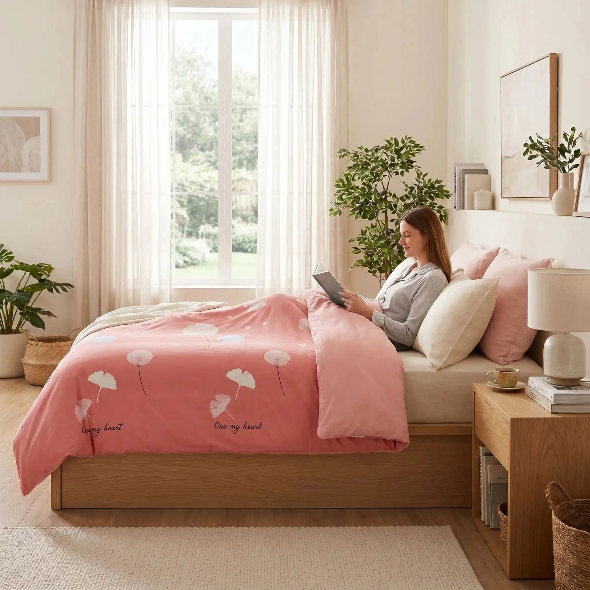 femme lecture douceur d'intérieur  housse de couette rose couette optimale