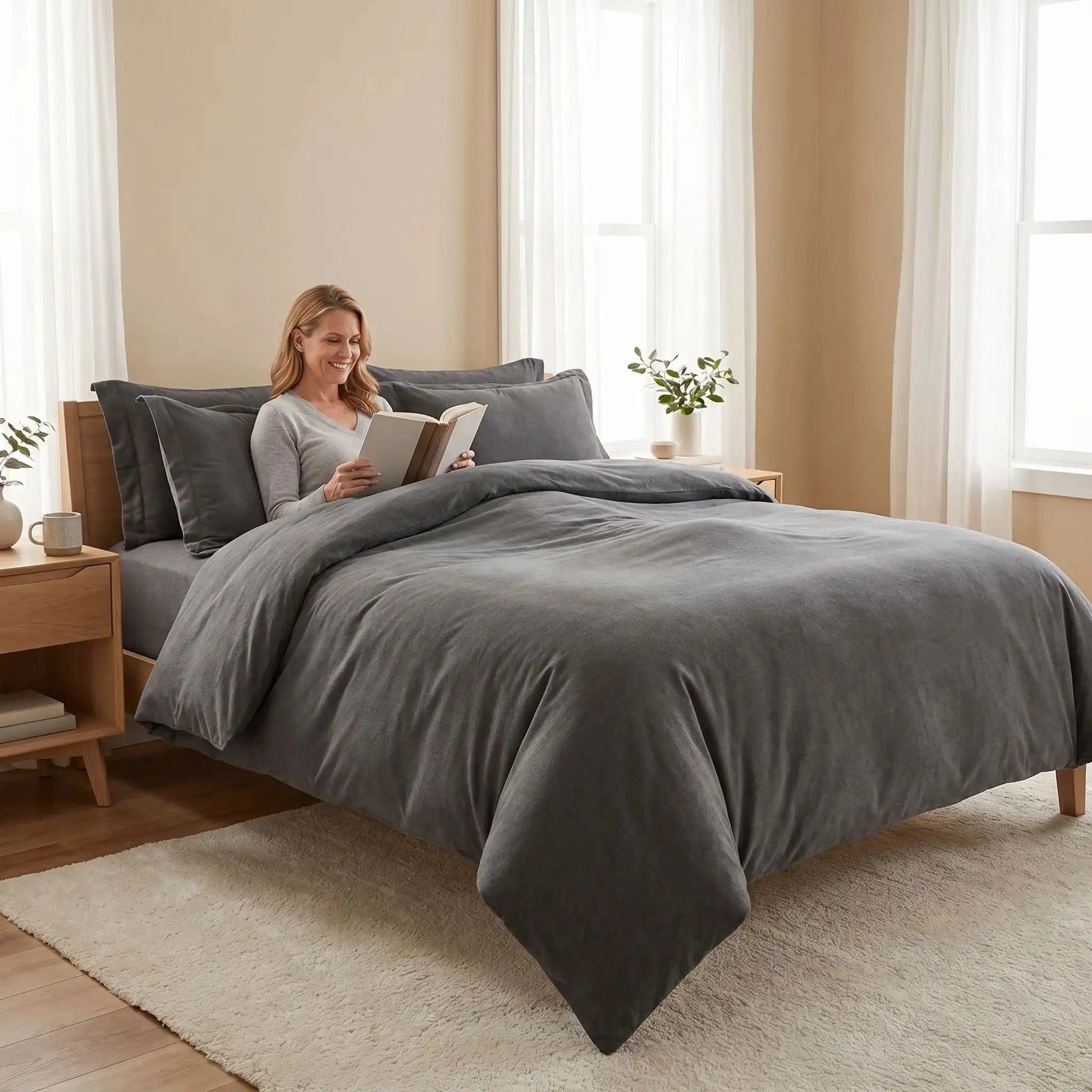 femme lit housse de couette flanelle grise ultra-douce