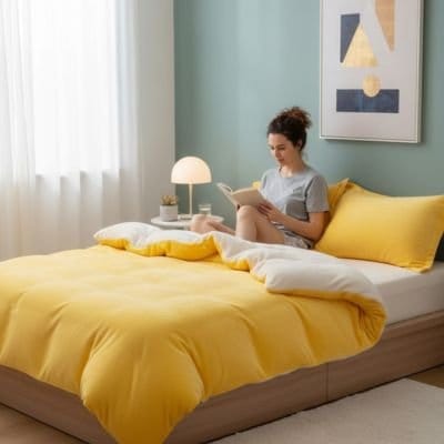 femme lit housse de couette flanelle jaune cocon douceur