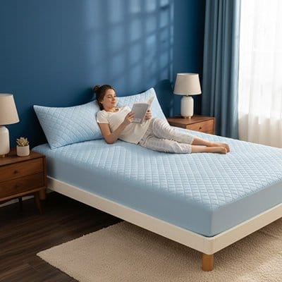 femme lit protege matelas bleu ciel imperméable douceur