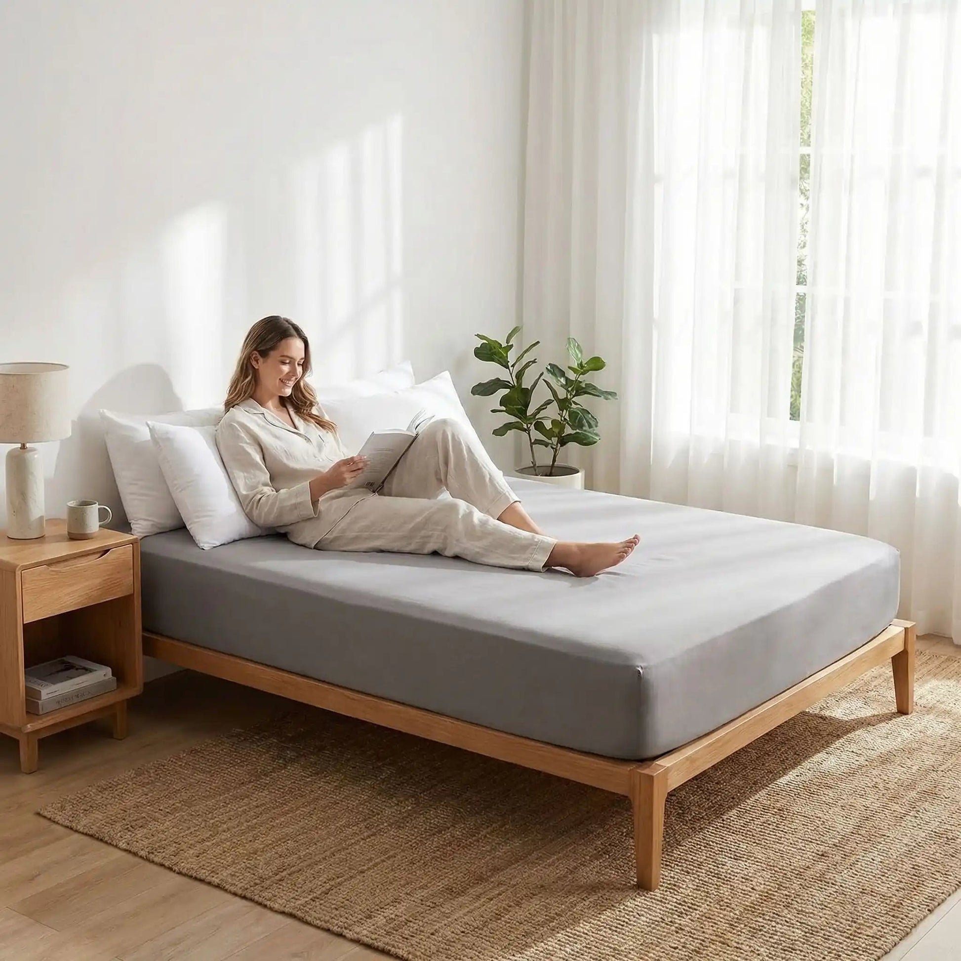 femme lit sur drap housse 140x190 cm gris antibactérien 