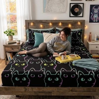 femme lit sur drap housse noir ultra doux