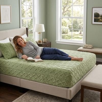 femme lit sur drap housse vert softfit