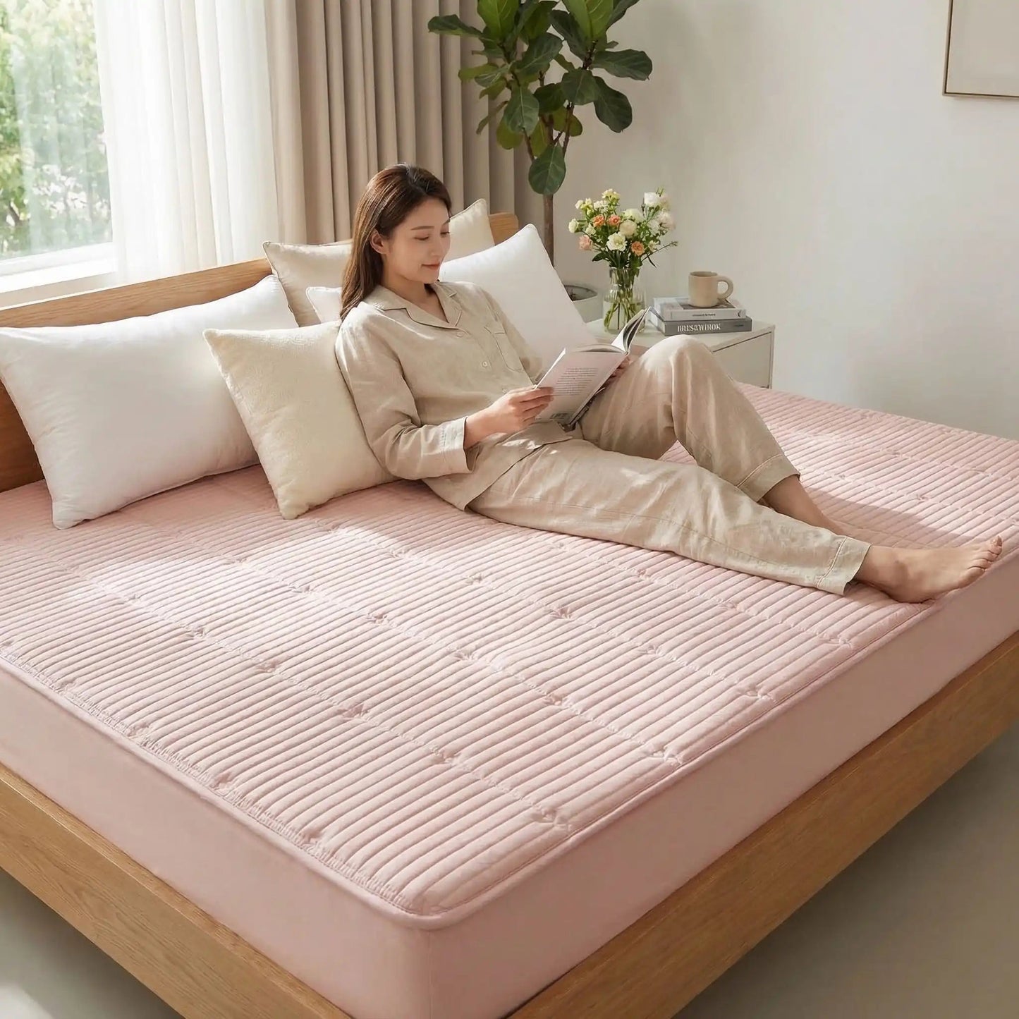 femme lit sur protege matelas 160x200 cm rose respirant