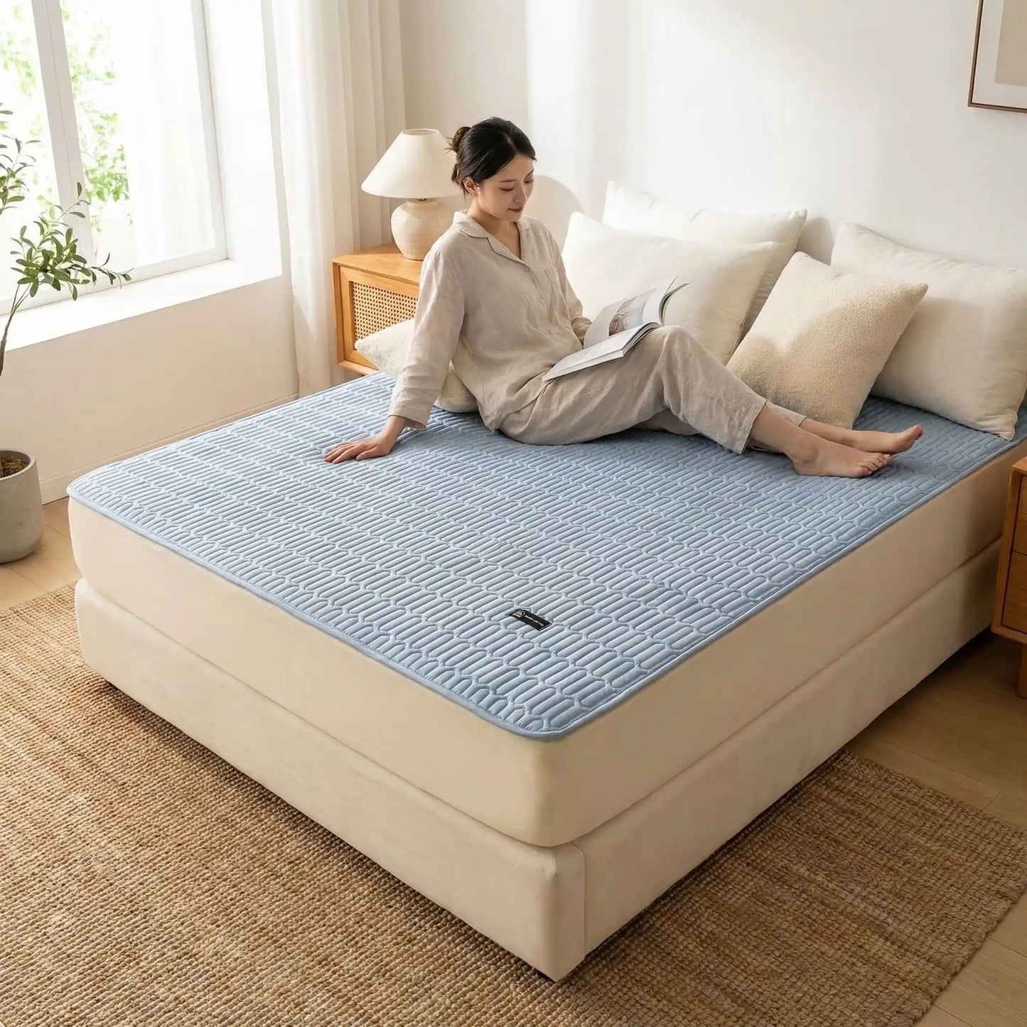 femme lit sur protege matelas bleu imperméable et respirant