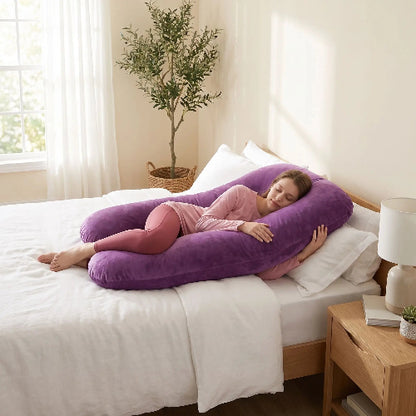 femme non enceinte endormie sur traversin ergonomique violet dans chambre
