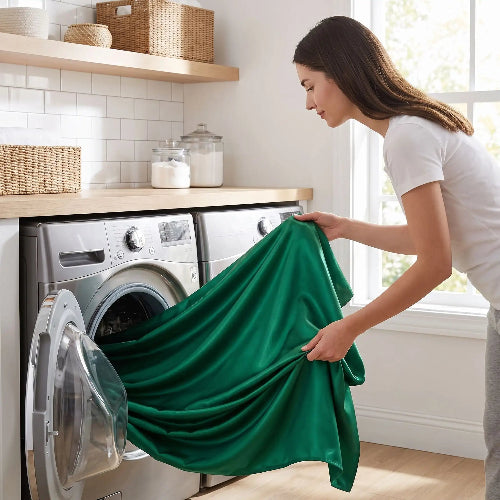 femme retire drap frais d'été vert de machine