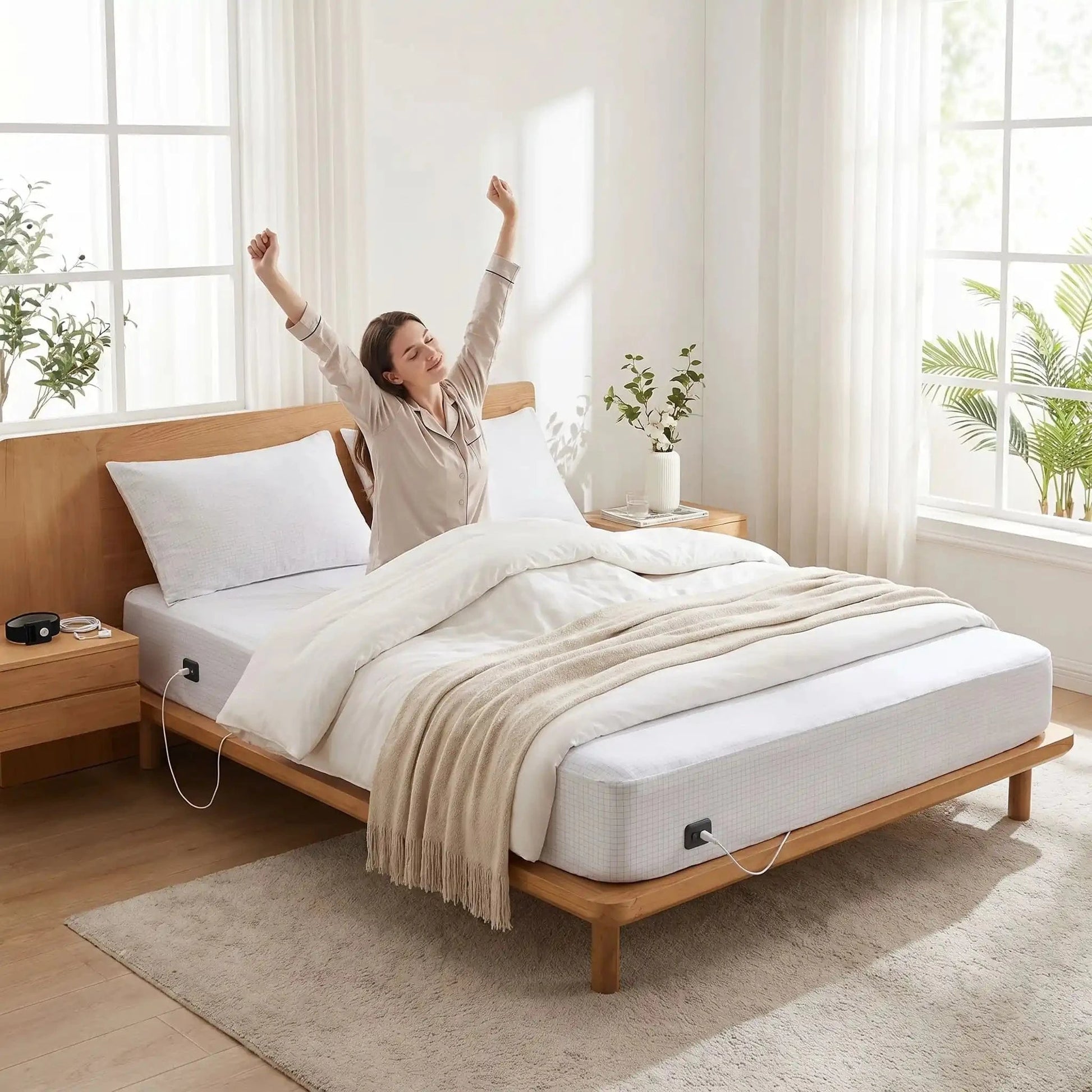 femme réveillée en forme sur draps plats blancs fibres d'argent bio