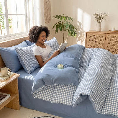 femme souriante avec livre sous housse de couette 220x240 bleu blanc rayée
