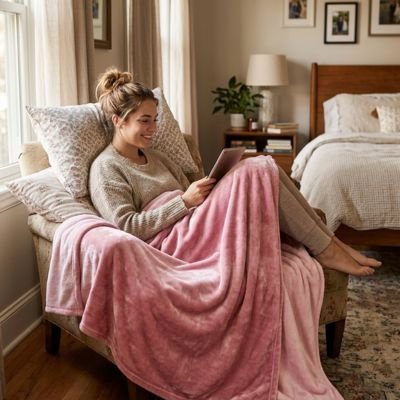 femme souriante avec tablette sous couverture rose