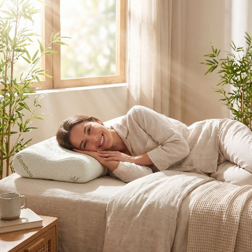 femme souriante couchée côté droit tête sur oreiller bambou mémoire de forme